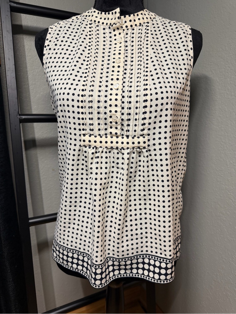 Sleeveless Black Dot Print Top in Cream - Classic Polka Dot Blouse